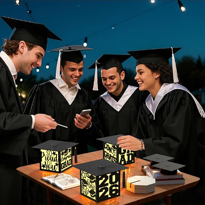12 Pcs Graduation Table Centerpieces Boxes Class of 2026 Black Square Graduation Paper Lanterns with String Lights Hollow Out for Congrats Grad School College Table Decorations Grad Party Photo Props