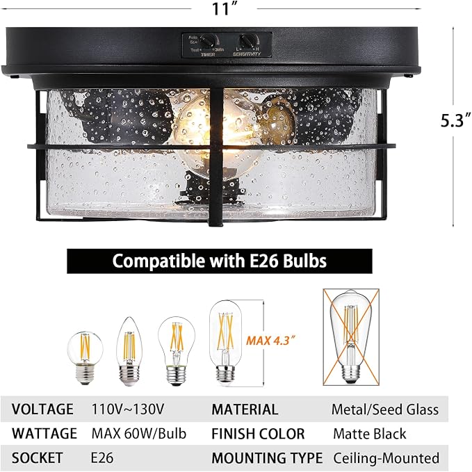 CALOKES Motion Sensor Outdoor Flush Mount Ceiling Light - Sleek Round Exterior with Seeded Clear Glass - Perfect for Front Porch, Garage, Entryway