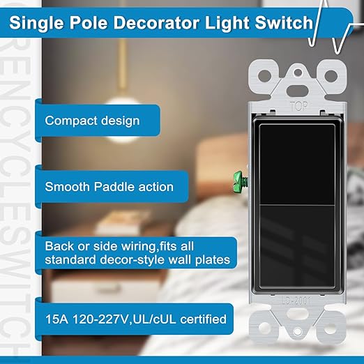 Greencycle Black Single Pole Rocker Light Switch,24PCS Paddle Light Switch 15 Amp,Sp Switches White,120V-277V AC,On/Off Wall Switches, Residential/Commercial Grade,Home & Office,UL/CUL