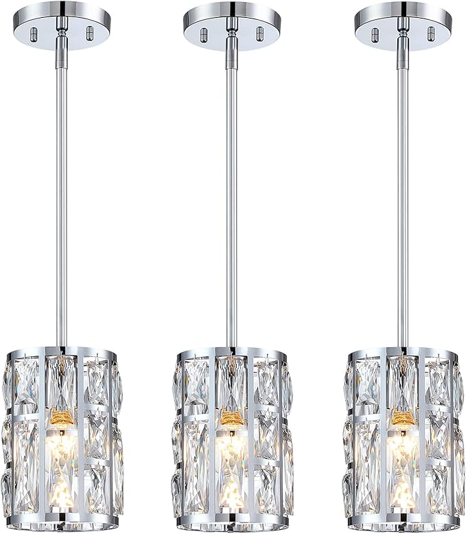 MEXO Modern Crystal Pendant Light Fixture 3-Pack Chrome Finish Hanging Lighting Crystal Chandelier for Kitchen Island