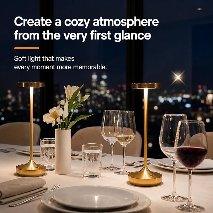 Gold Cordless LED Table Lamps Rechargeable 6000mAh, 72H Runtime, Waterproof | Stepless Touch Dimming with 3 Color Modes & Memory Function, Portable IP54 Waterproof for Home/Dinner/Patio/Restaurant (Gold)