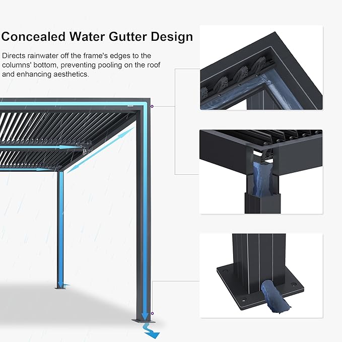 PURPLE LEAF Outdoor Pergola 94AS 14' x 24' Large 53mph Wind Resist Gray | Four Adjustable Louvered Roofs, 53Mph Wind Resistant Engineering, Rainproof Gutters, Zero-Rust Aluminum.