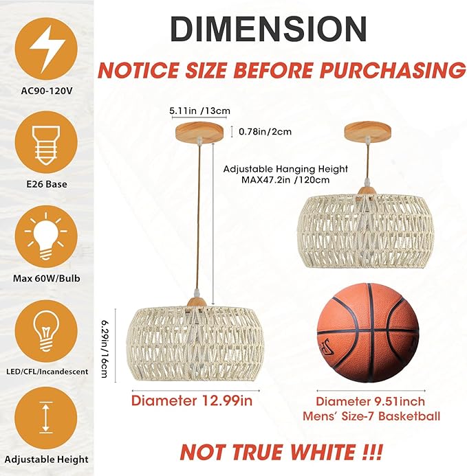 Rattan Pendant Light Fixture,Basket Chandelier Hanging Lights,Cream White Boho Drum Lighting Flush Mount Ceiling Lights Woven Wicker Chandeliers for Kitchen Island Dinning Hallway Bedroom
