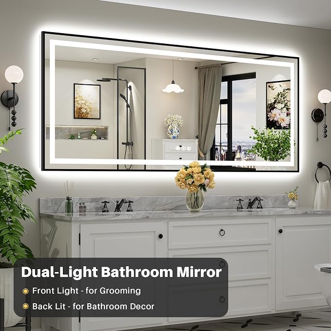 88x38 Inch LED Bathroom Mirror with Black Frame, Backlit & Front Lit | Anti-fog, 3 Color Dimmable, Memory Function, HD Reflection Tempered Glass, ETL Listed, IP54 Waterproof