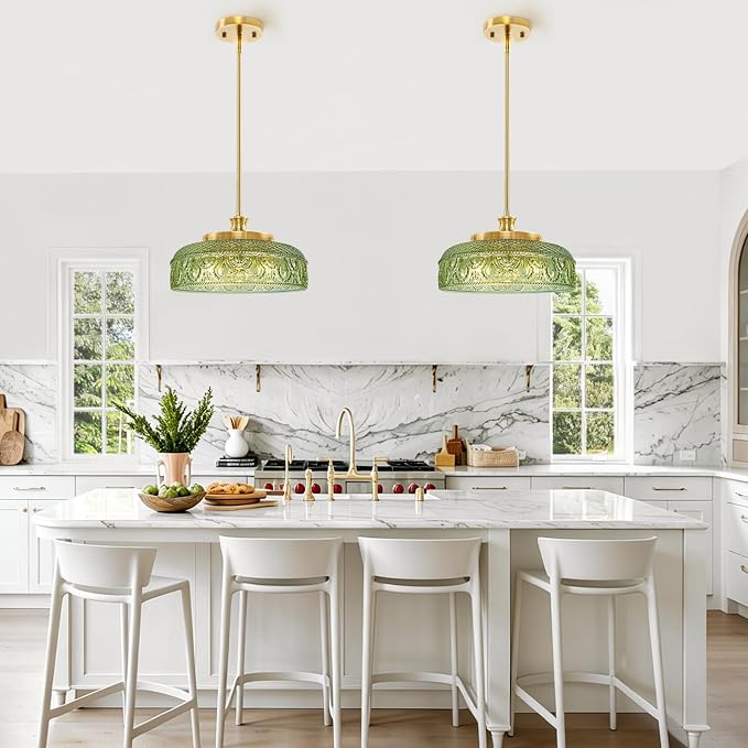3-Light Pendant Light, Adjustable Pendant Lights Kitchen Island, Green | Farmhouse Pendant Ceiling Hanging Light Fixtures with Glass Shade for Living Room Corridor, Height Angle Adjustable, 3*E12