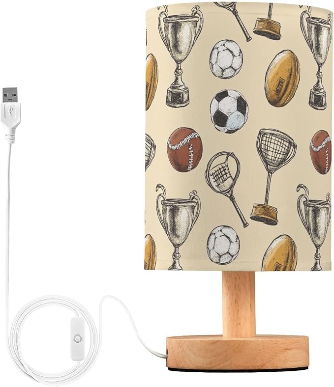 Fustylead Vintage Style Sports Equipment Bedside Lamps for Night Stands, USB Port with Button Switch, Study Linen Shade with Wooden Base Eye-Caring Warm Light Desk Lamp for Kids Room Bedroom