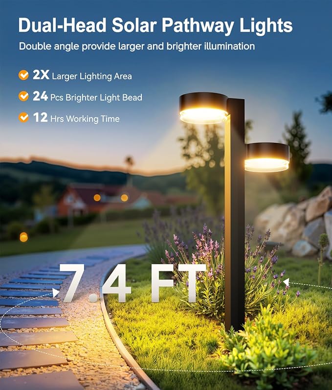 Brighter Solar Pathway Lights Outdoor, 2 Pack Dual-Head Solar Lights Outdoor Waterproof with 4 Heads & 24 LED, Solar Powered Garden Light for Yard Path Walkway Driveway Sidewalk