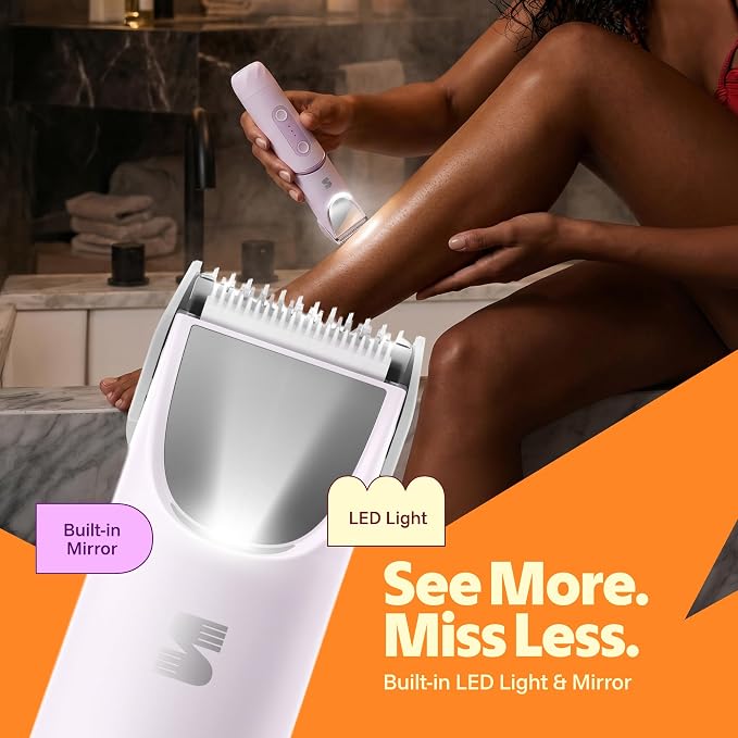 SpinDuo 2 in 1 Electric Bikini Trimmer for Women,180°Rotating Head | SpotGlide™ ceramic blade for body, legs and bikini, Mirror and LED light reveal fine hair, Trim, shave and red light, IPX7