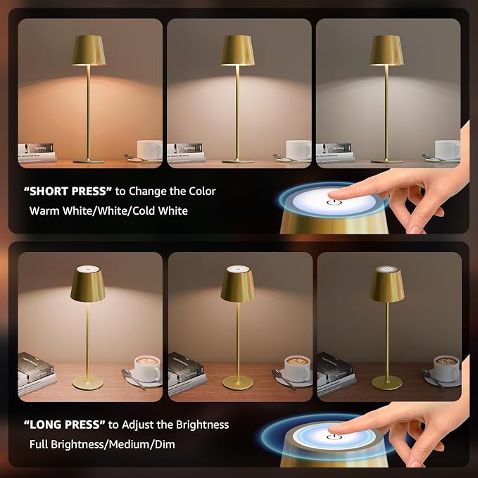 uuffoo 2 Pack Cordless Table Lamp Rechargeable 5000mAH Battery Operated Lights Touch Control LED Portable Desk Lamps 3 Color Dimming for Outdoor Coffee Bedroom Kitchen (Gold)