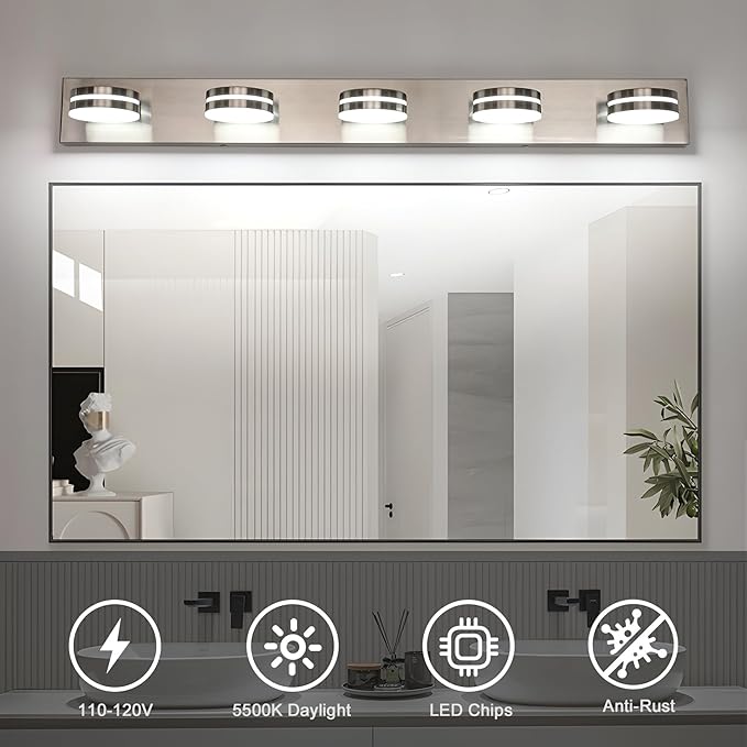 Brushed Nickel Bathroom Light Fixtures Over Mirror, 5-Light Bathroom Vanity Light, LED Dimmable Bath Lights, Modern Dimmable Vanity Lighting with Rotating Lamp Head, 5500K