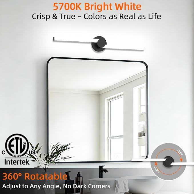 Bathroom Lighting Fixtures Over Mirror: 30 Inch Rotatable Bathroom Vanity Light ETL Listed - Modern Black Vanity Lighting Fixtures 5700K Cool White 3000LM 36W IP44 - LED Vanity Light Dimmable(2 Pack)