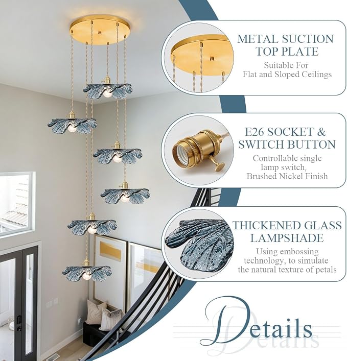 Foyer Chandelier for High Ceilings long Blue Floral pendant light Mid Century Glass Hanging Ceiling light Brushed Gold Flush Mount Ceiling Chandeliers for Staircase Entryway Living, Adjustable Height