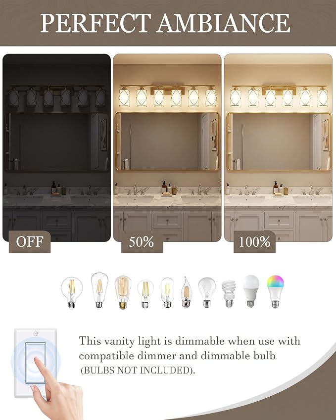 6-Light Brushed Gold Bathroom Light Fixtures Over Mirror, 42" UL-Listed Modern Wall Sconce Lights with Milk White Frosted Glass and Metal Cage for Bath, Hardwire E26, CH9176BGW-6W