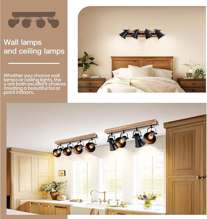 SEEBLEN 4-Lights Rustic Flush Mount Ceiling Light, Industrial Track Lighting Fixture, Rotatable Kitchen Track Lighting with Wood Base for Sink Dining Room, Living Room