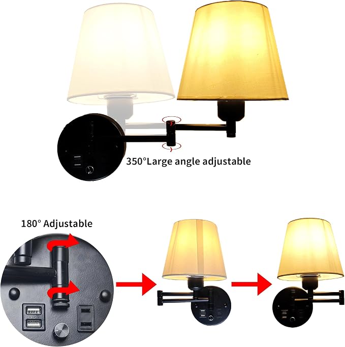 Wall Lamp Plug in with USB and 2 Pin Socket,Wall Mount Lights That Plug in Cord and Switch,Wall Mount Lights for Bedroom Reading Lamps,Nightstand(Bulbs Not Included)