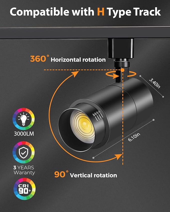 VANoopee 3-Color Zoomable 30W LED Track Lighting Heads H Type Track Light Heads Dimmable Bright Ceiling Spotlight Fixtures for Shop, 3000K 4000K 5000K Adjustable, CRI90+ 15°-60° 3000lm Black 4 Pack