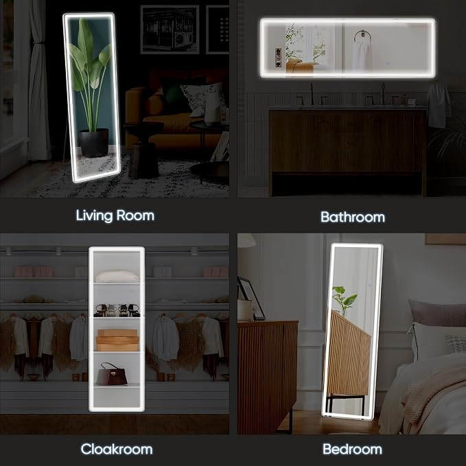 DUMOS LED Mirror Full Length with Stand, 20"x63" Full Body Wall Mirror | LED Lights 3 Color Lighting and Shatterproof Tempered Glass, Wall Hanging or Leaning, Floor Standing, Modern Home Decor