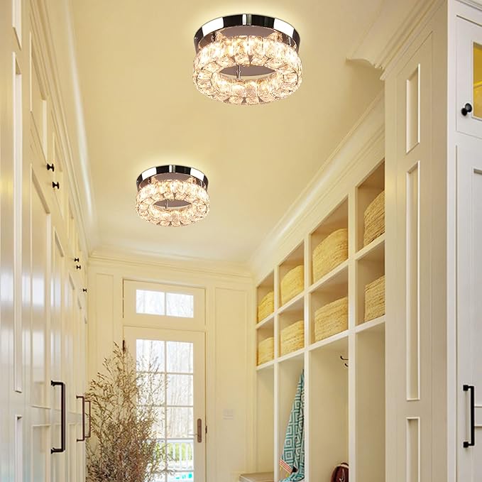 Dimmable Modern Crystal Chandeliers LED Ceiling Light with Remote Flush Mount Small Chandelier for Hallway Foyer Kitchen,Stair,Closet,3 Colors Adjustable,Memory Function