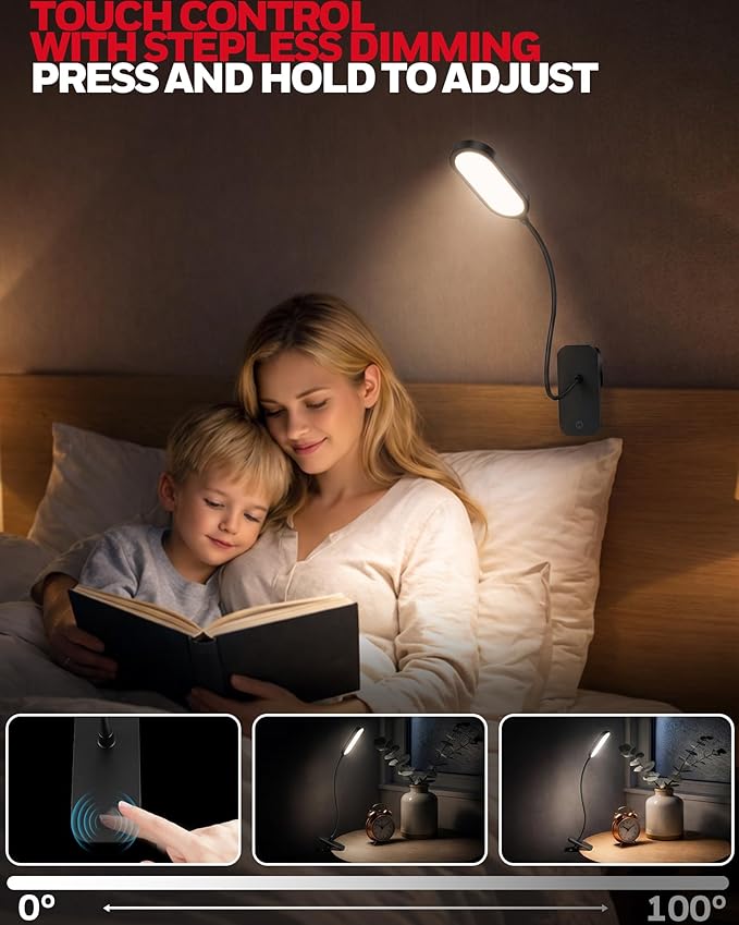 Honeywell Clip On Reading Light, Rechargeable Gooseneck CRI95 4000K Dimming | 2000mAh Battery,Touch Desk Lamp White Light Mode,Eye-Caring Study Lamp With Clamp for Bed/Headboard/Table/Dorm/Home Office
