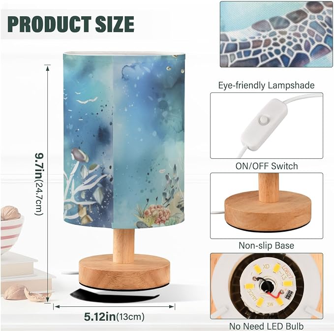 Undersea Turtle Marine Life Fish Coral Table Lamp for Bedroom USB Port Lamps Small Accent Table Lamp Nightstand Lamp Study Linen Shade with Wooden Base Lamps for Bedside Reading|Kids|Dorm|Home
