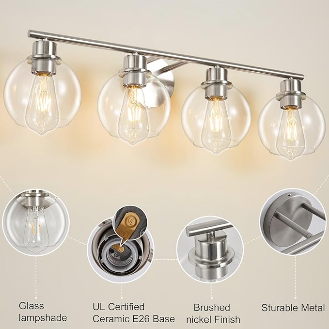 Bathroom Light Fixtures Over Mirror 4-Lights Bathroom Vanity Light with Clear Globe Glass Shade 29.5 inch Modern Brushed Nickel Vanity Lights Wall Sconce Lighting for Bath