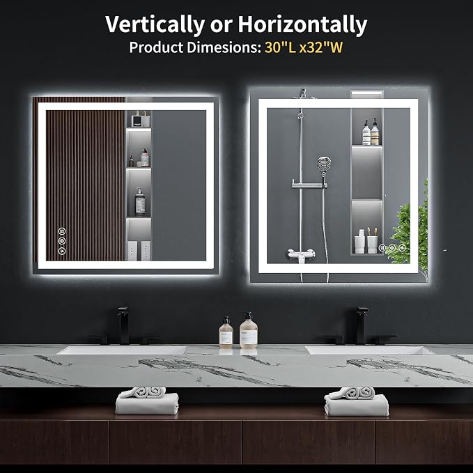30"x32" LED Bathroom Mirror with Lights, Anti-Fog, Backlit+Frontlit | CRI 95, Stepless Dimmable, 3 Colors Lighting, Shatterproof Tempered Glass, HD Reflection, Memory, (Horizontal/Vertical)