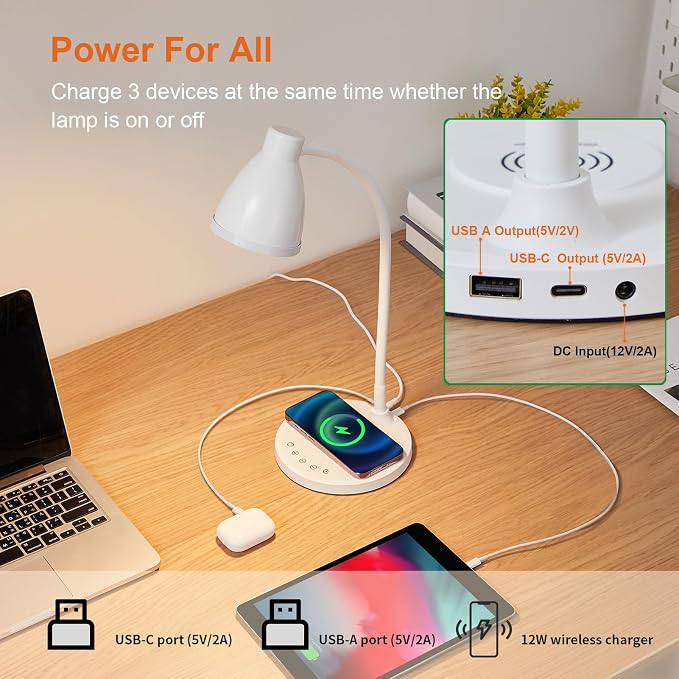 BOHON LED Desk Lamp for Home Office with USB C Charging Wireless Charger | 5 Colors, Stepless Dimming Desk Light Timer Reading Light Touch Bedside Table Lamp for College Dorm Room