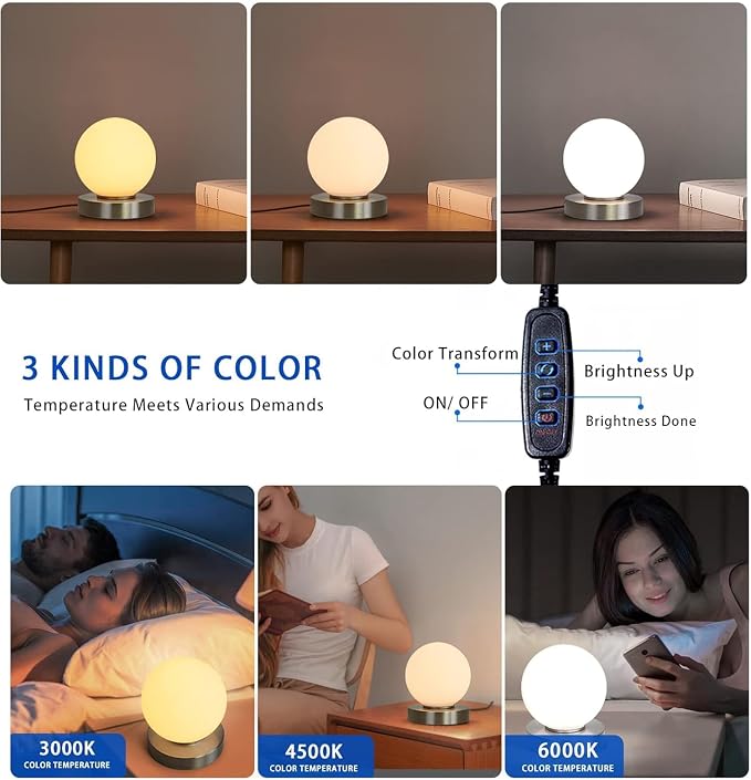Modern Small Table Lamps,Opal Glass Bedside Table Lamp Silver | 3 Colors Dimmable Gold Desk Lamp,for Bedroom Living Room Nightstand,Simple Design