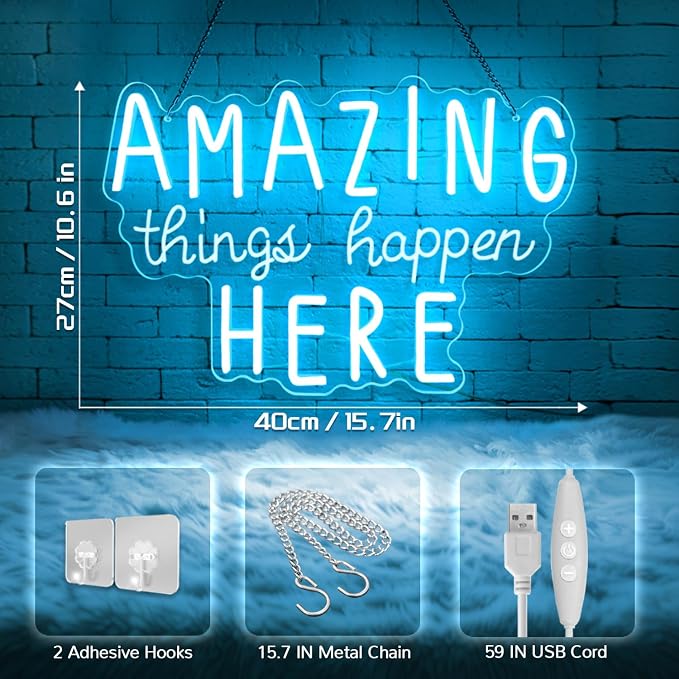 Amazing Things Happen Here Neon Sign – LED Neon Wall Decor with USB Power & Dimmable Brightness, Motivational Neon Light Sign for Bedroom,Office,Classroom,Inspirational Room Decor