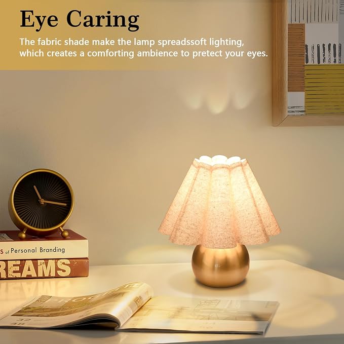 Gold Small Touch Control Table Lamp for Bedroom, Brass Gold Bedside Lamps for Nightstand, Cute Mini Small Table Lamps for Small Spaces with Scalloped Shade for Kitchen Counter, Bookshelf, Living Room