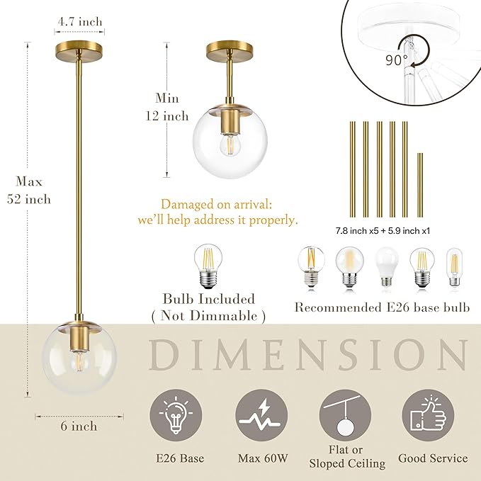 6" Globe Pendant Light Gold 2 Pack Mid Century Pendant Light Globe Pendant Lights Kitchen Island Brushed Brass Finished with Clear Glass Adjustable Ceiling Light Fixtures for Dining Room Bar