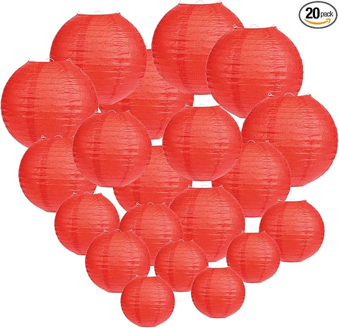 LIHAO 20 Pack Red Paper Lanterns, 4 Assorted Sizes Round Hanging Decor | Chinese New Year, Lunar New Year, Red Chinese Lantern, Wedding or Birthday Party, Metal Frames Included