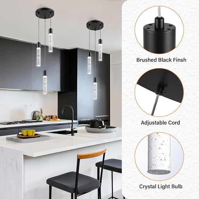 Pendant Lights Kitchen Island, 6500K Modern Kitchen Island Lights Brushed Black, Ceiling Lighting Fixtures with Crystal Bubble, Integrated LED Hanging Light for Dining Room 1 Pack(3-Light)