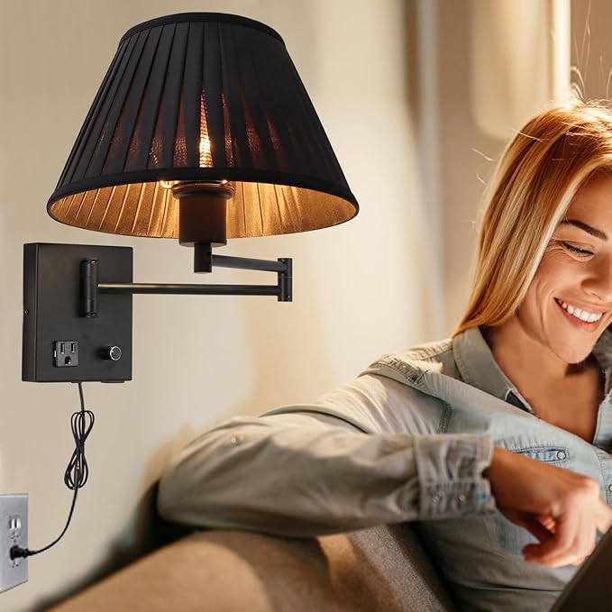 Plug in Wall Sconce 17" Swing Arm Wall Lamp with Plug in Cord and Dimmable Switch Black Sconces Lighting with USB Port and AC Outlet Wall Mounted Lamp Suitable for Bedroom Living Room Hallway.