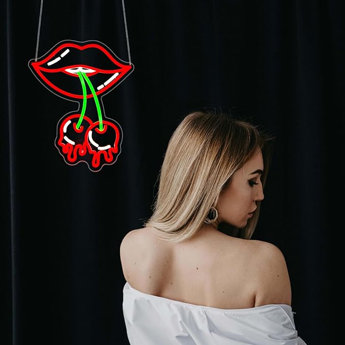 Cherry Lips Neon Sign, JGHTURIE Red Led Neon Signs for Wall Decor USB Powered Bar Lights Signs for Room Man Cave Party Art Decoration