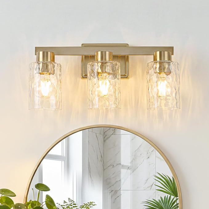 3-Light Bathroom Light Fixtures with Water Ripple Glass, Gold | Vanity Lights, Modern Wall Sconces, Over Mirror for Bathroom, Powder Room, Living Room