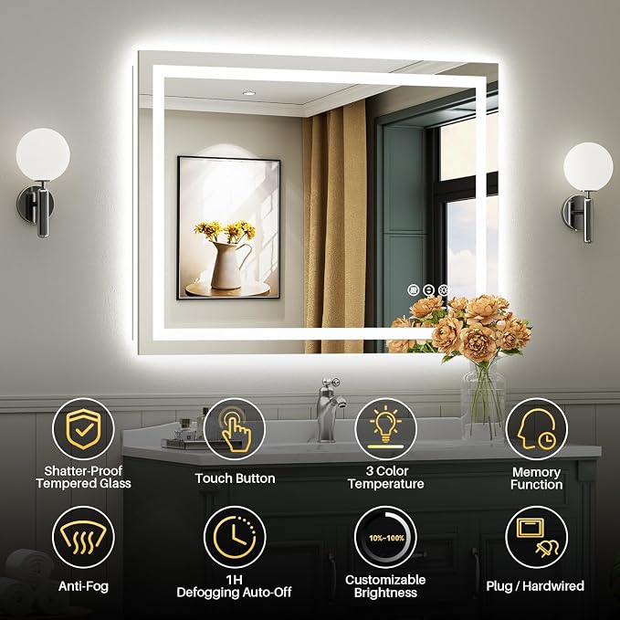 40x30 Inch LED Bathroom Mirror with Lights, Backlit & Front Lit | Anti-fog, 3 Color Dimmable, Memory Function, HD Reflection Tempered Glass, ETL Listed, IP54 Waterproof