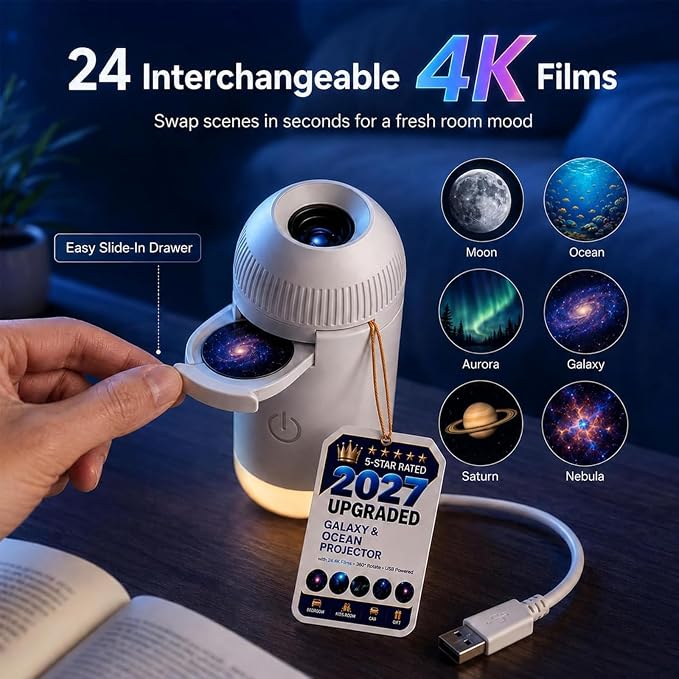 2027 New Smart Hd 5d Holographic Night Light Projector, Plug and Play Star , 360° Adjustable Hd Galaxy and Ocean Projector for Bedroom Ceiling (6Projection Films)