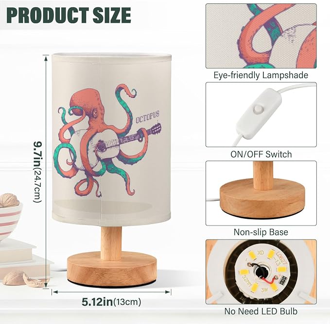 Table Lamp Vintage Octopus Play Guitar Ocean Marine Sea Life Design Nightstand Lamp with Wood Base Fabric Lamp Shade Bedside Desk Lamp for Living Room Bedroom Kids Room Office