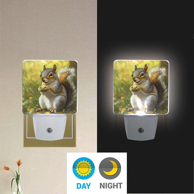 Cute Squirrel Night Light Dusk to Dawn Sensor LED Night Dimmable Nightlight Lights Plug into Wall for Living Room