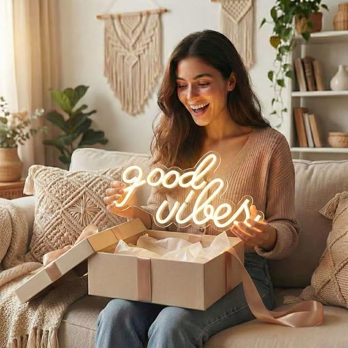 DECANIT Good Vibes Neon Sign Warm White, Boho LED Light for Wall Decor, Living Room, Wedding, Engagement Party, USB Powered 3D Art Holiday Gift, 16.1x8.3 Inch