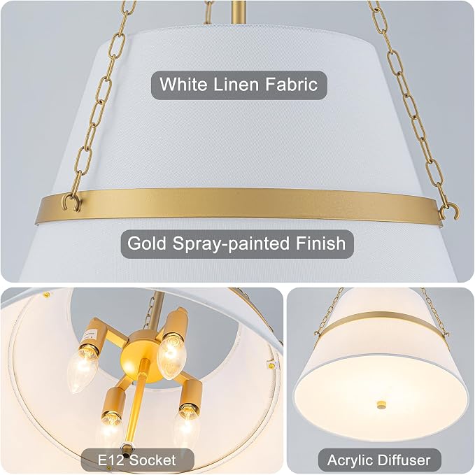 15.35" Gold Drum Chandelier, White Linen Pendant Light for Kitchen Island | Modern Transitional, 4-Light, 3 Side Chains, for Dining Room, Breakfast Nook, Home Office, Adjustable Chain 15.35"W x 28.35"H