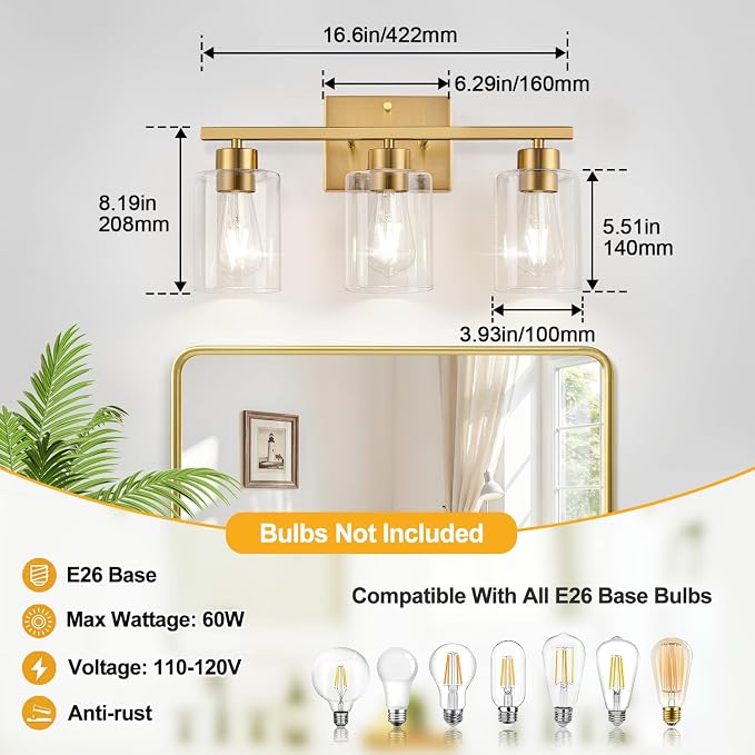 3-Light Brushed Gold Bathroom Vanity Light, Modern Bathroom Light Fixture with Clear Glass Shades, Wall Sconce for Mirror, Kitchen, Bedroom, Living Room, Hallway