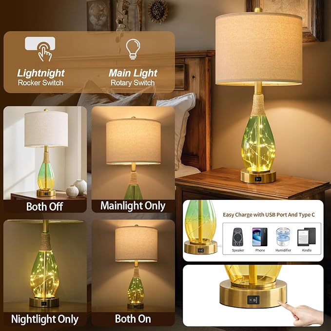 23" Table Lamps Set of 2,Farmhouse Lamps with Glass Nightlight, Bedside Lamps for Living Room, Rattan Lamps for Bedroom Nightstands, Two Light Points