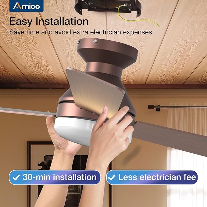 Amico 42 Inch Brown Low Profile Ceiling Fans with Lights and Remote | Flush mount, 3-color dimmable light, quiet reversible DC motor, easy install, memory, timer, bedroom, covered outdoor areas