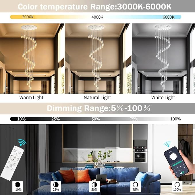 36 Light Modern Glam Crystal Chandelier for High Ceiling LED Dimmable Ceiling Pendant Light Staircase Foyer Enterway Living Room Chandelier Lighting Antique Silver