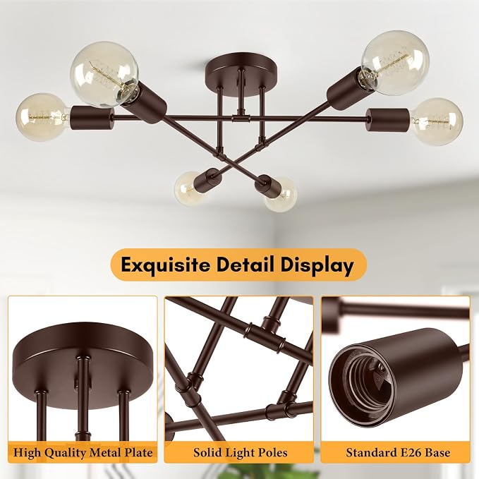 Modern Sputnik Chandelier Ceiling Light Fixture 6-Light, Brown | Bedroom Sputnik Ceiling Light Fixture for Living Room, Dining Room, Kitchen, Office, Foyer, Hallway - E26 Base