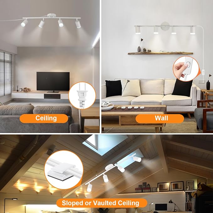 Plug in Track Lighting Kit, 80cm LED 4 Light Kitchen Track Lighting, Corded Wall Light with 16.4ft Cord, 4 Way Ceiling Spot Lighting Flexibly Rotatable Head Includes 4xGU10 Bulb (4 White-Acrylic-80cm)