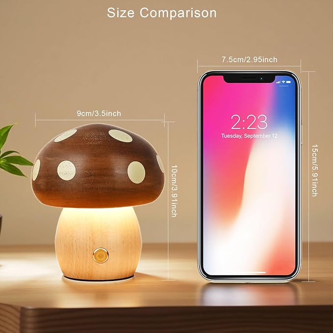 Wood Mushroom Lamp, Rechargeable Small Bedside Lamp, Touch Mushroom Night Light Small lamp for nightstand, Portable Battery Operated Lights for Bedroom Kids Birthday Gifts