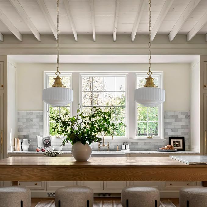 Milk Glass Pendant Light, 10.63" White Pleated Glass Chandelier, Vintage Brass Antique Pendant Lights, for Kitchen Island Lighting, Hallway, Bedroom, Dining Room, Foyer, E26 Bulb Included
